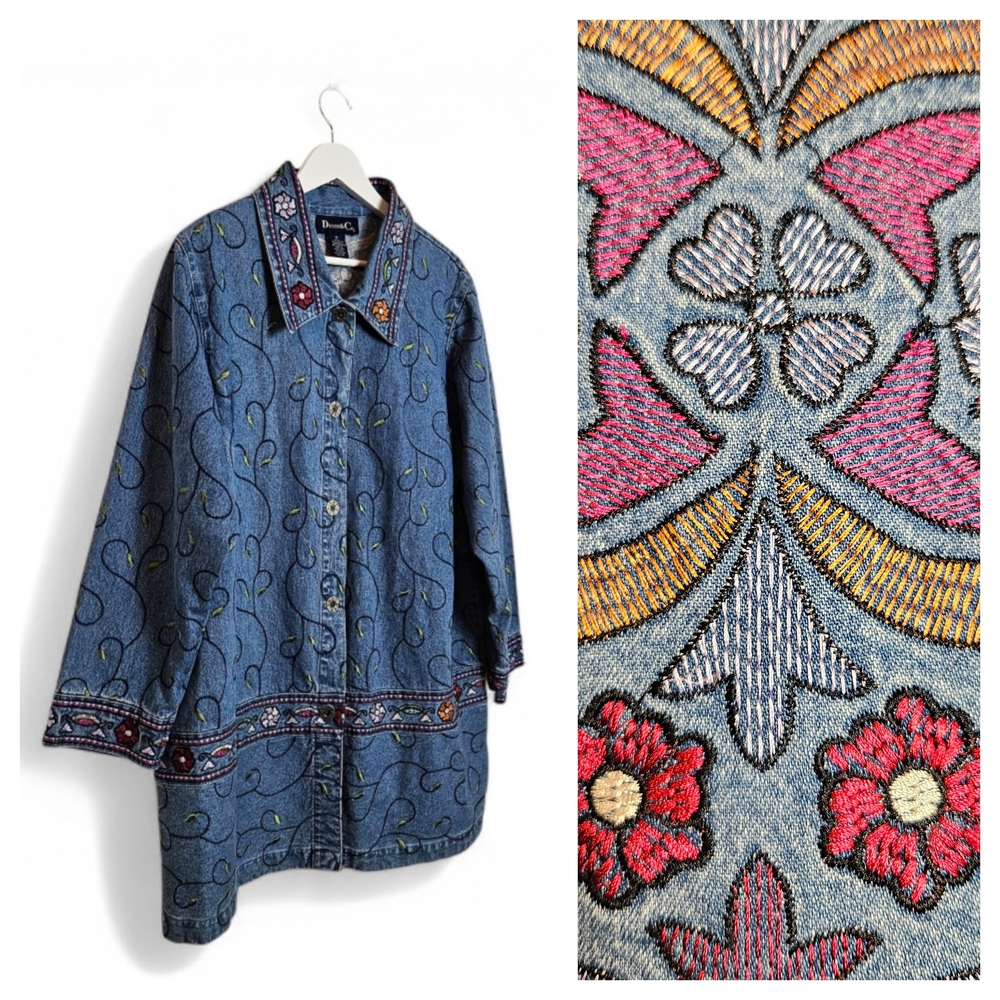 Denim & Co Jean Jacket 1X Vintage Floral Embroidered Boho Cotton Denim Blue 100%